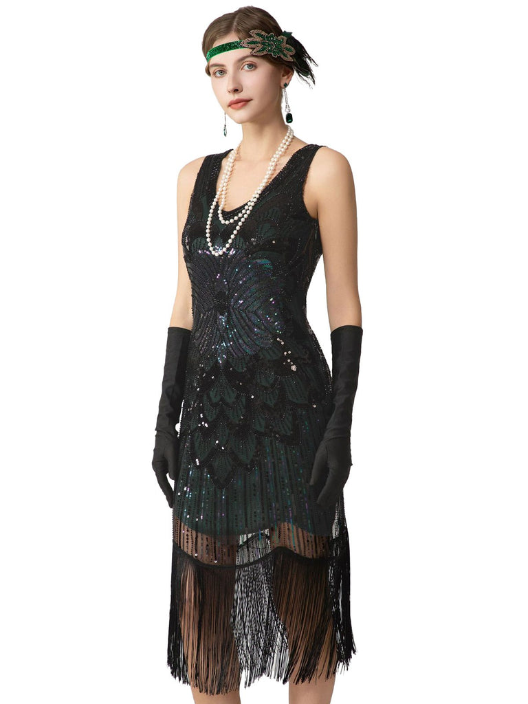 1920s Sequin Fringe Sleeveless U-Neck Flapper Dress