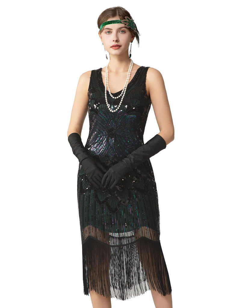 1920s Sequin Fringe Sleeveless U-Neck Flapper Dress