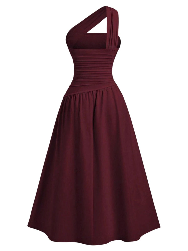 1930s Solid Surplice One-Shoulder Waist Ruched Dress