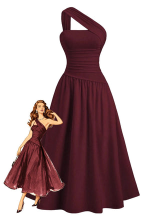 1930s Solid Surplice One-Shoulder Waist Ruched Dress