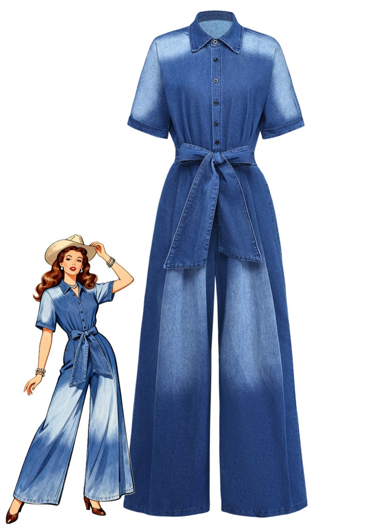 Denim 1970s Lapel Button Belted Waist Jumpsuit