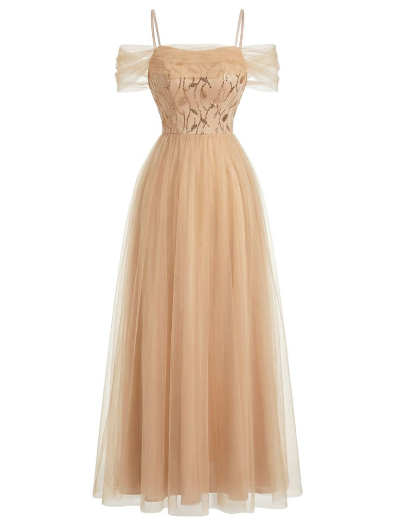 Beige 1930s Sequin Mesh Patchwork Cold-Shoulder Dress