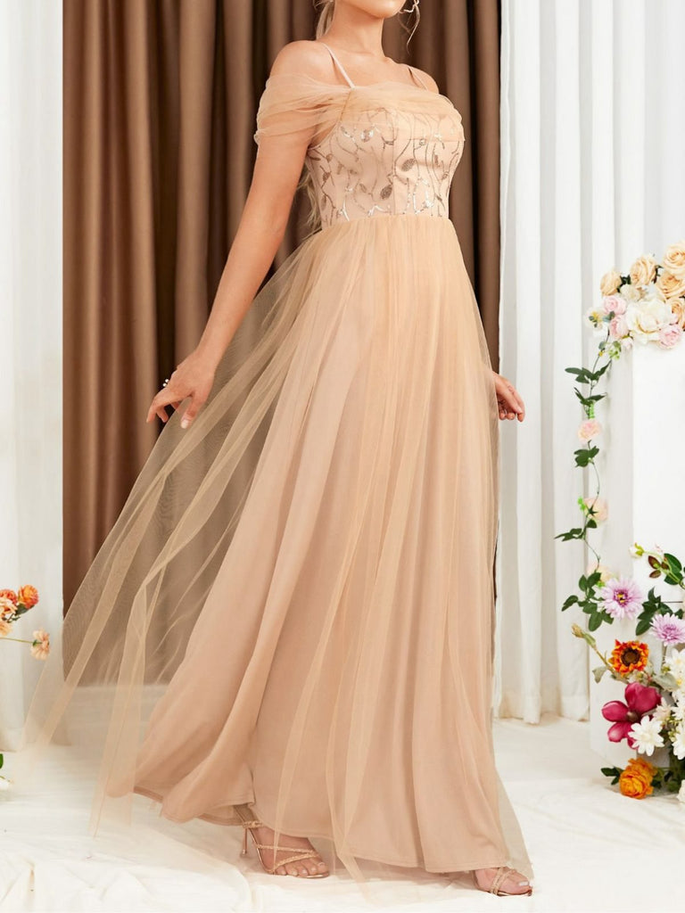 Beige 1930s Sequin Mesh Patchwork Cold-Shoulder Dress