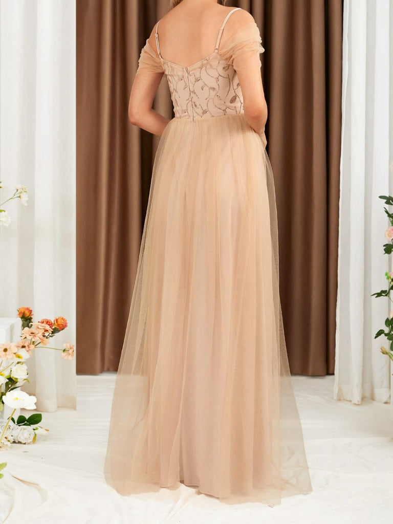 Beige 1930s Sequin Mesh Patchwork Cold-Shoulder Dress