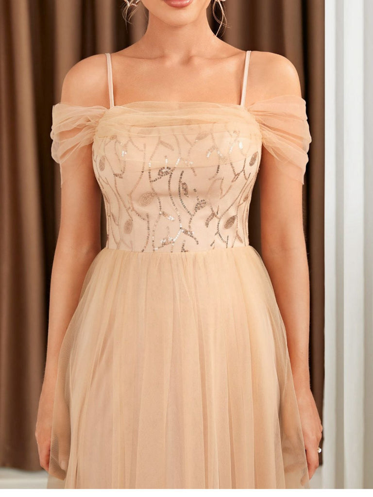 Beige 1930s Sequin Mesh Patchwork Cold-Shoulder Dress