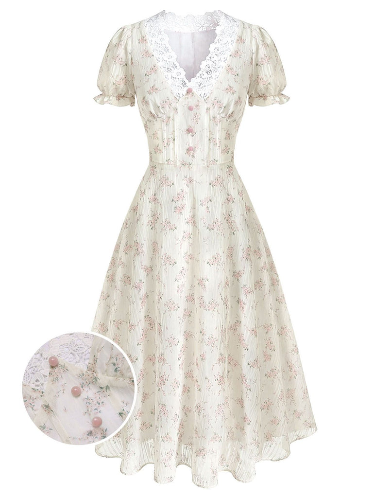 [Pre-Sale] 1940s Floral Lace V-Neck Short-Sleeve Midi Dress
