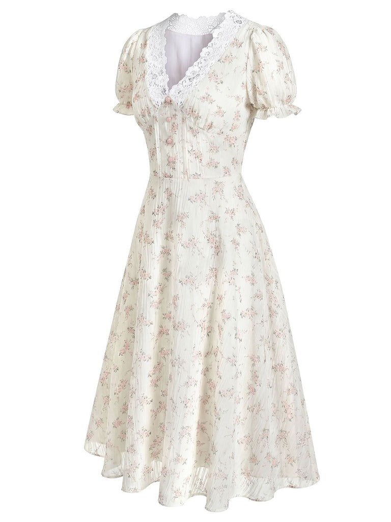 [Pre-Sale] 1940s Floral Lace V-Neck Short-Sleeve Midi Dress