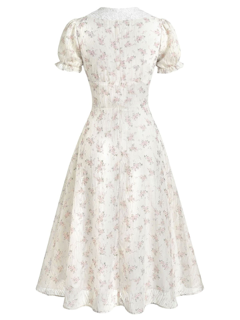 [Pre-Sale] 1940s Floral Lace V-Neck Short-Sleeve Midi Dress