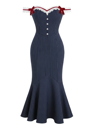 [Pre-Sale] Blue 1930s Striped Lace Bow Fishtail Dress