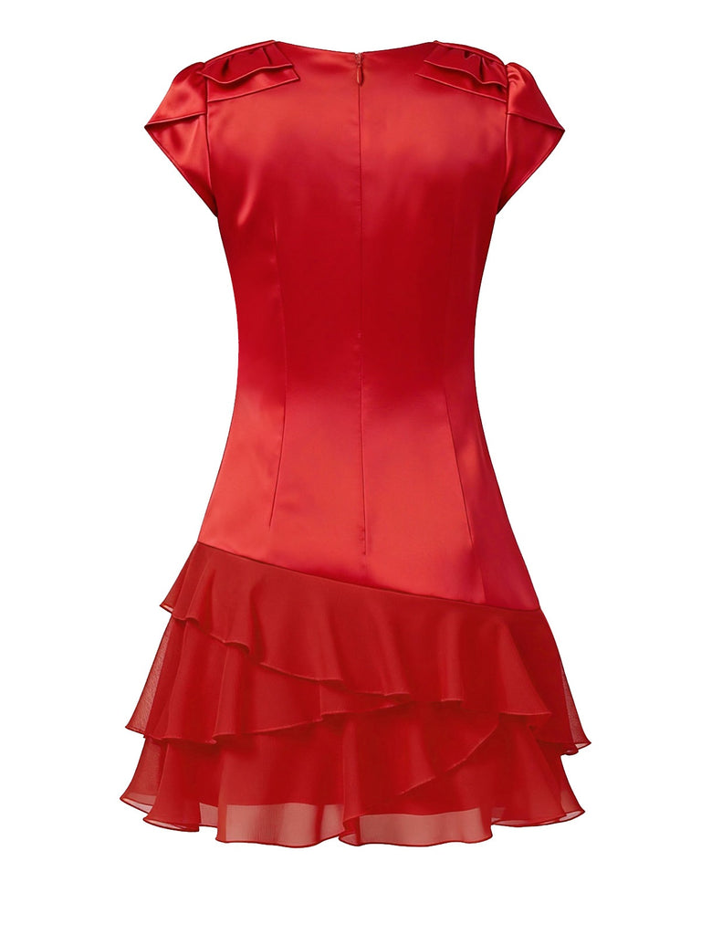 [Pre-Sale] Red 1950s Satin Chiffon Tie-Up Ruffled Hem Dress