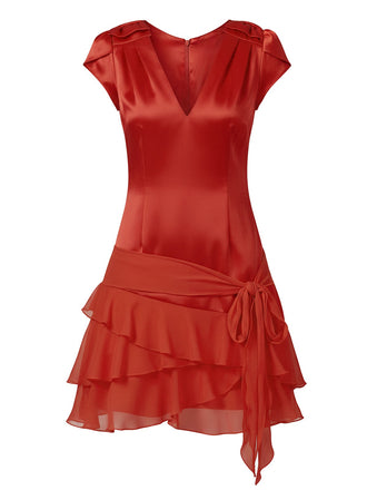 [Pre-Sale] Red 1950s Satin Chiffon Tie-Up Ruffled Hem Dress