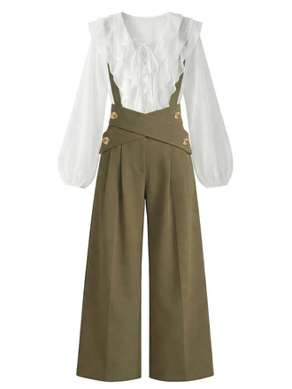 [Pre-Sale] 2PCS White 1960s Chiffon Ruffle Blouse & Suspender Pants