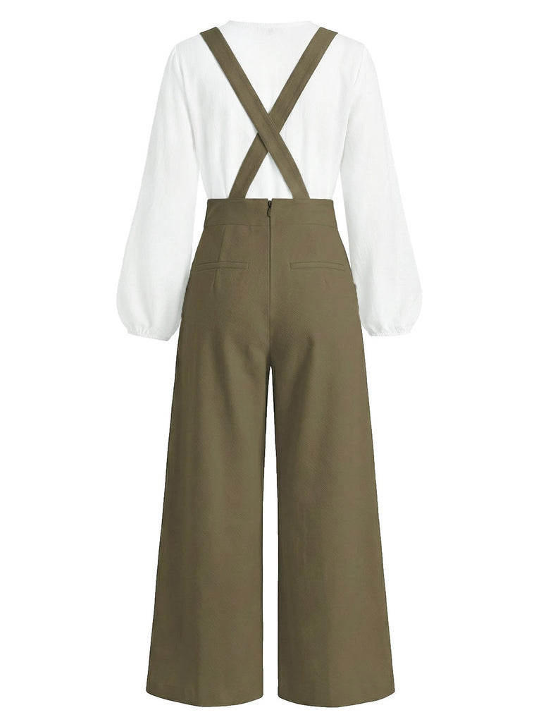 [Pre-Sale] 2PCS White 1960s Chiffon Ruffle Blouse & Suspender Pants