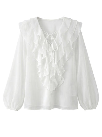 [Pre-Sale] White 1940s Chiffon Ruffle Lantern Sleeve Tie-Up Blouse