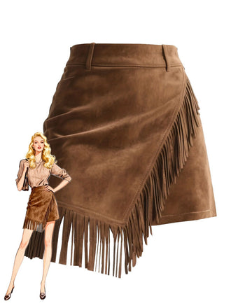 Brown 1960s Faux Suede Fringe Asymmetrical Hem Skirt