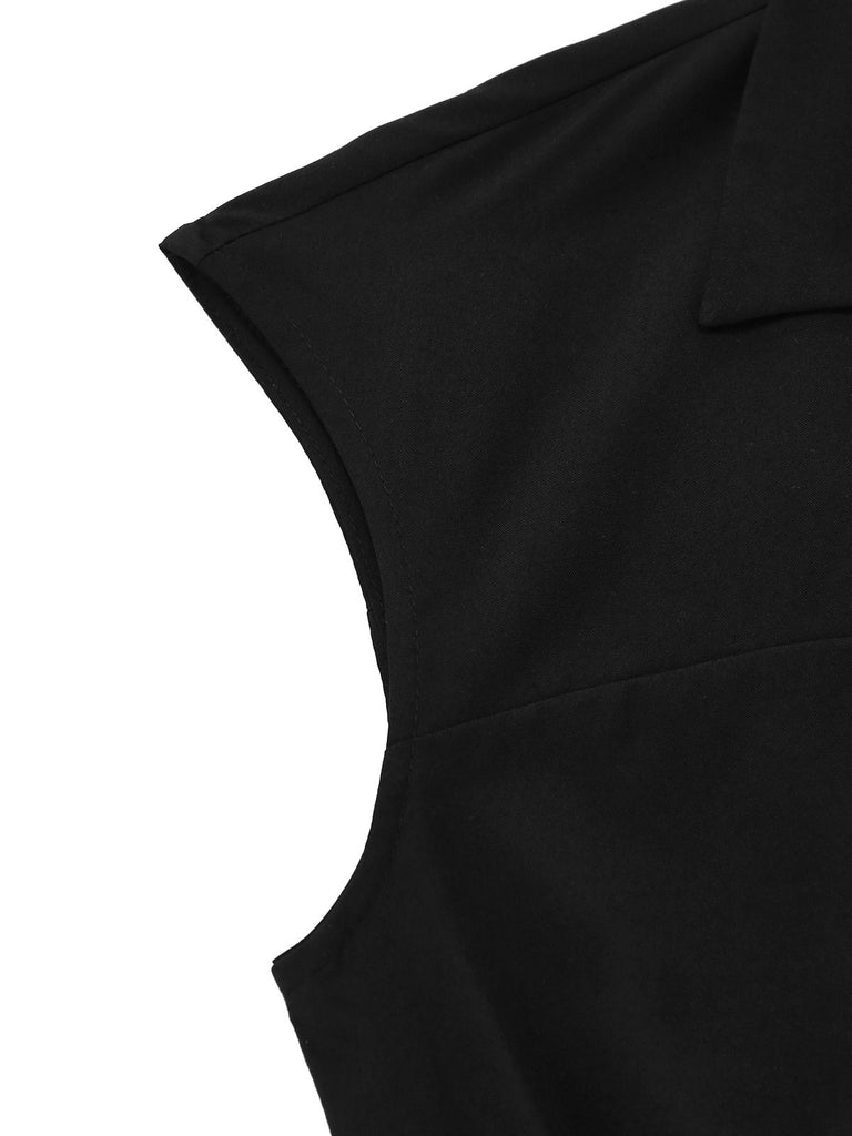 [Pre-Sale] 2PCS 1950s Black Solid Blouse & Denim Belt Dress