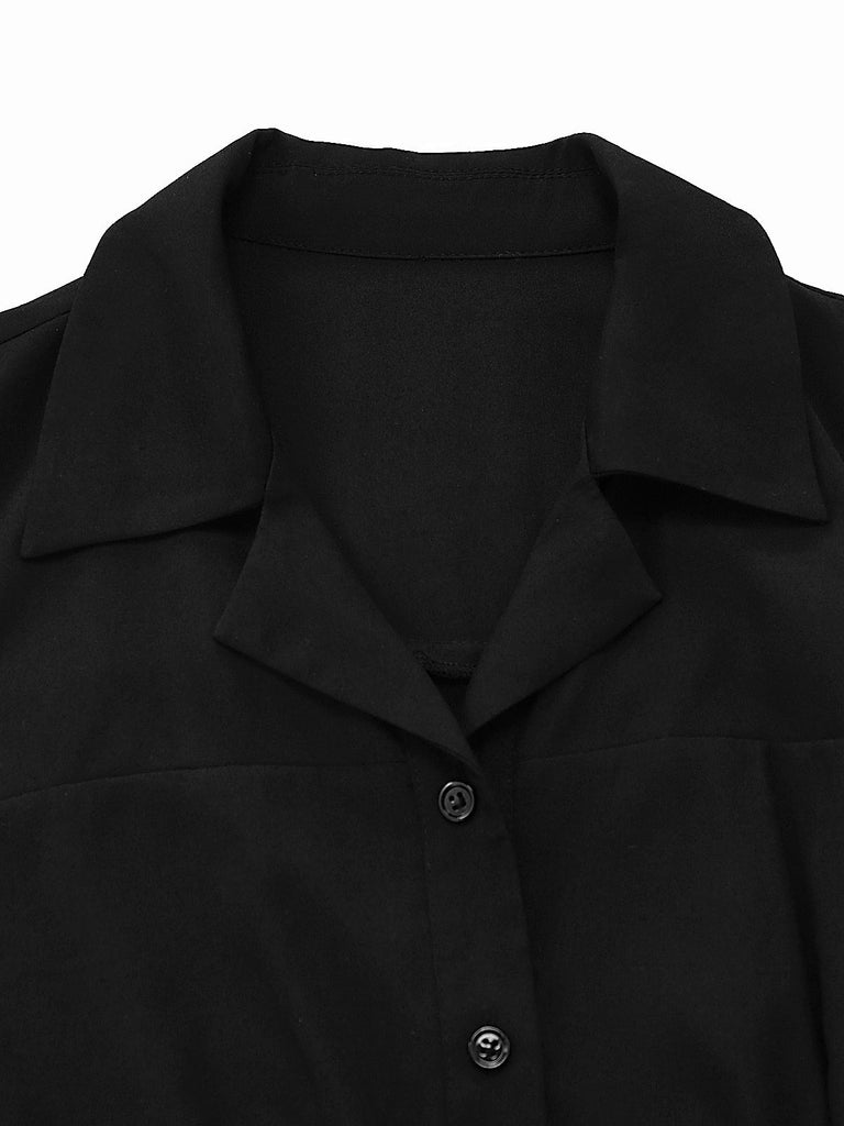 [Pre-Sale] 2PCS 1950s Black Solid Blouse & Denim Belt Dress