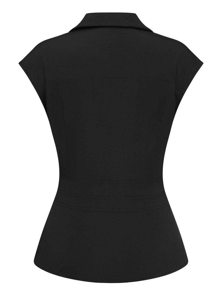 [Pre-Sale] 2PCS 1950s Black Solid Blouse & Denim Belt Dress