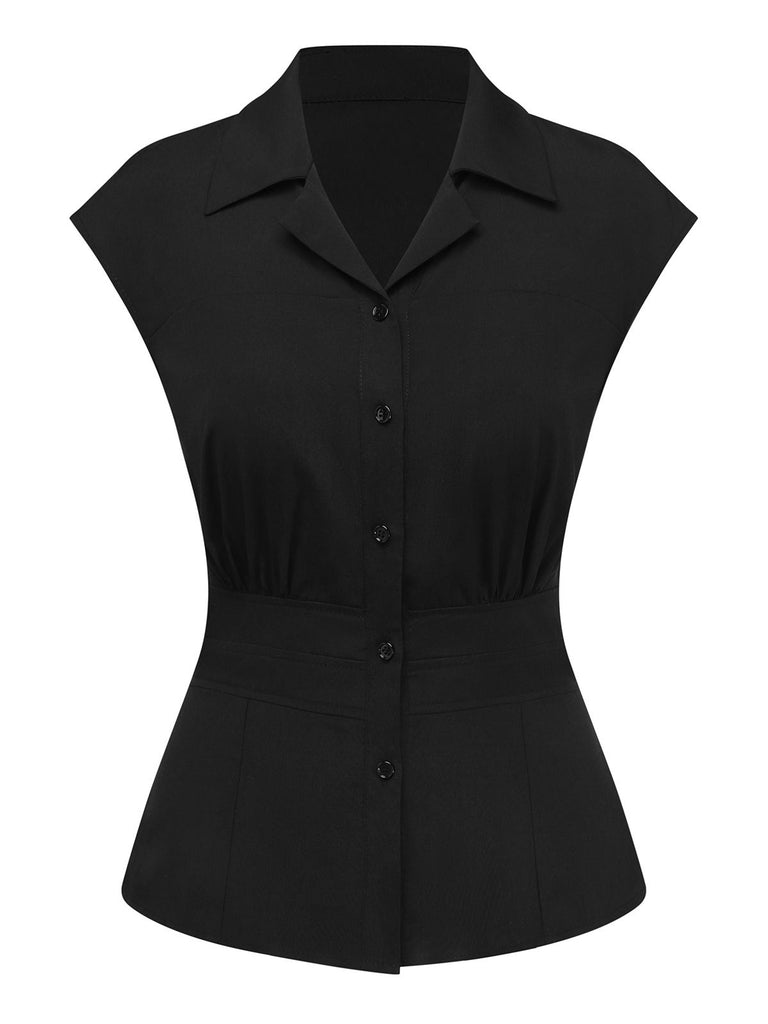 [Pre-Sale] 2PCS 1950s Black Solid Blouse & Denim Belt Dress