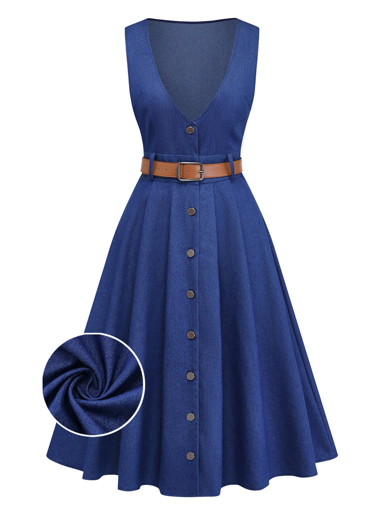 Blue 1950s Denim Belt Midi Dress
