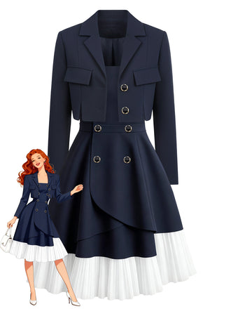[Pre-Sale] 2PCS Dark Blue 1950s Cropped Jacket & Lace Pinafore Dress