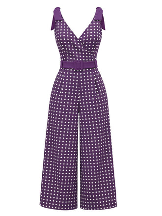 [Pre-Sale] Purple 1970s Polka Dot Shoulder-Tie Jumpsuit