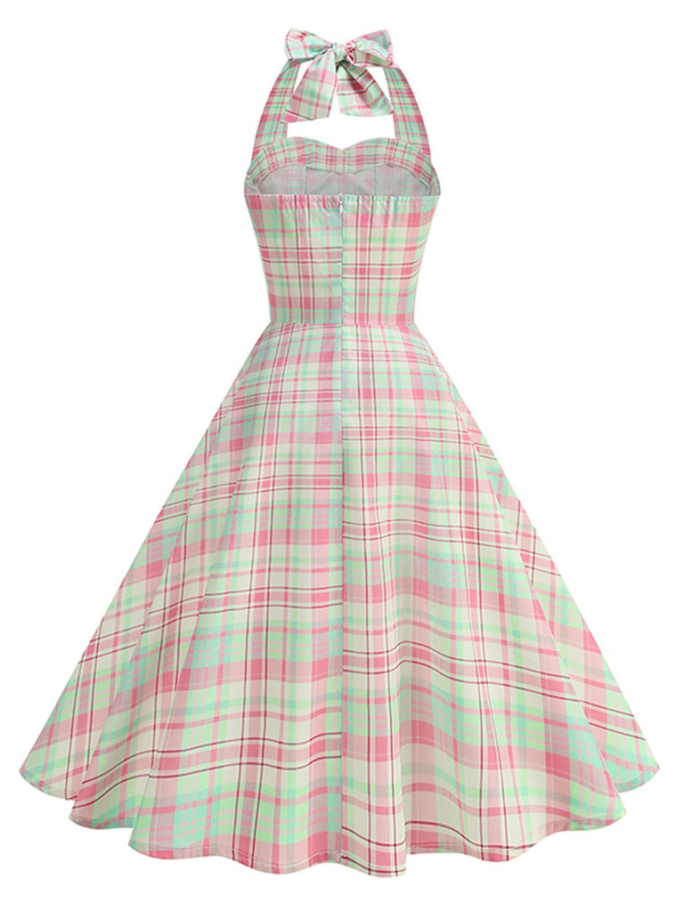 Pale Pink 1950s Plaid Halter Backless Dress
