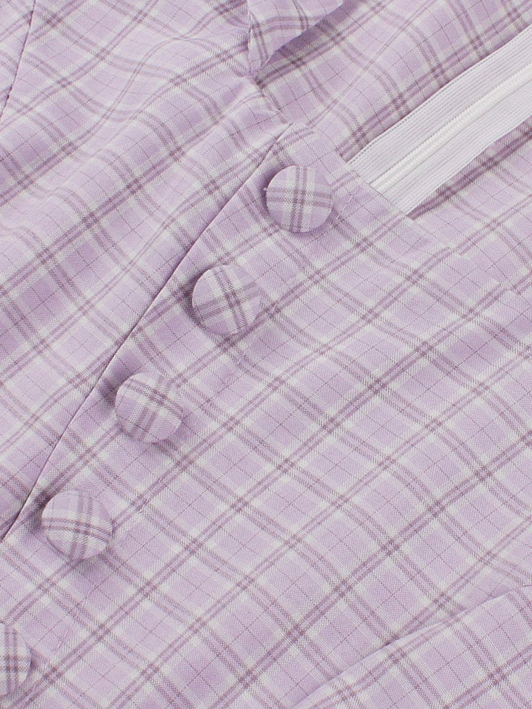 Purple 1950s Plaid Square Neck Button Swing Dress