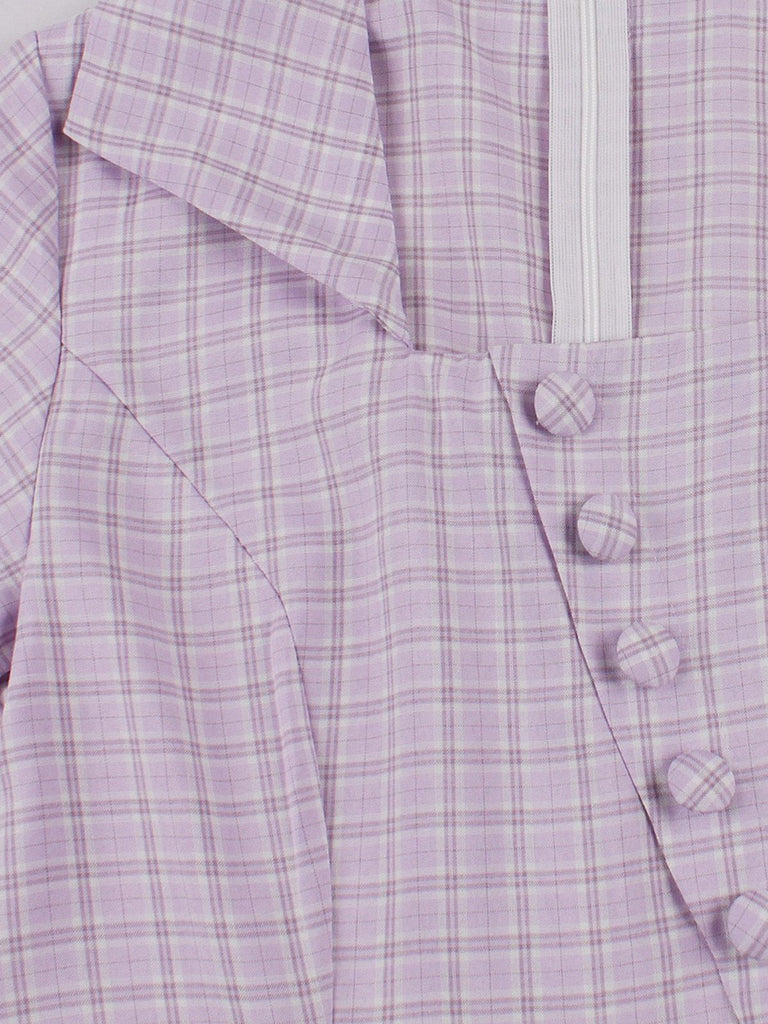 Purple 1950s Plaid Square Neck Button Swing Dress