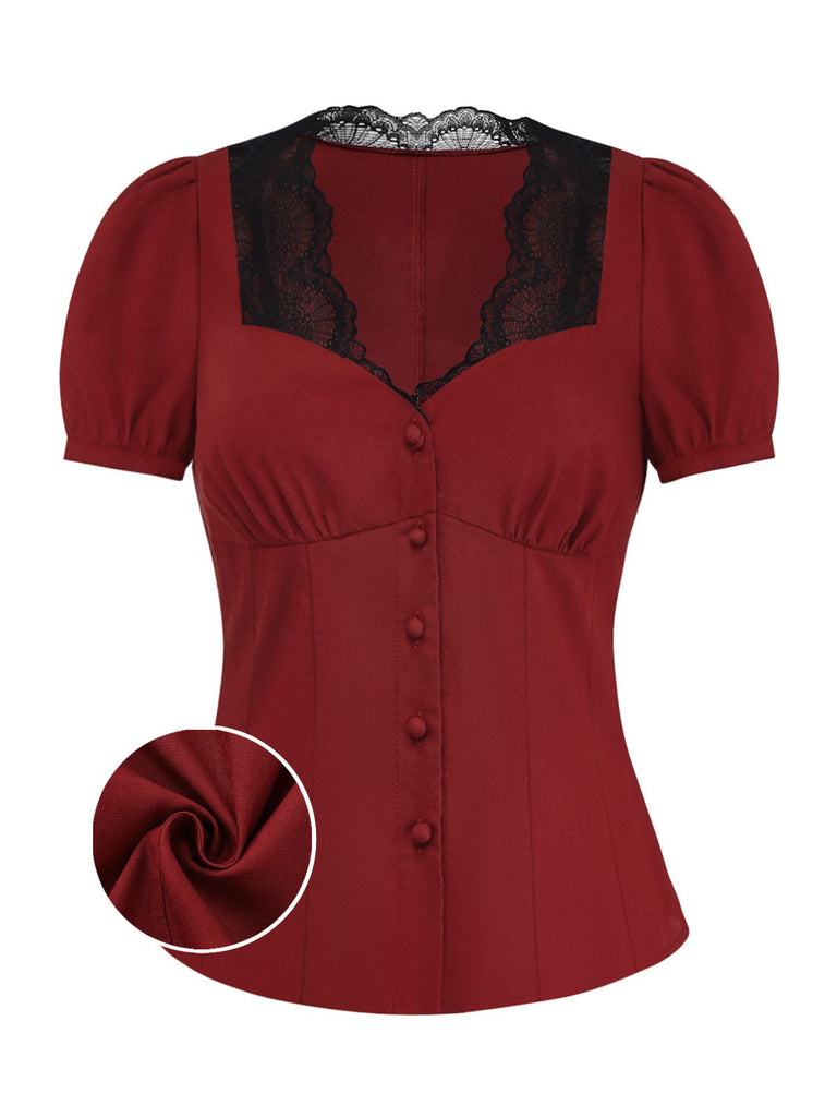 [Pre-Sale] Burgundy Lace-Trimmed Puff-Sleeve Button-Up Shirt