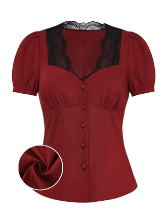 [Pre-Sale] Burgundy Lace-Trimmed Puff-Sleeve Button-Up Shirt