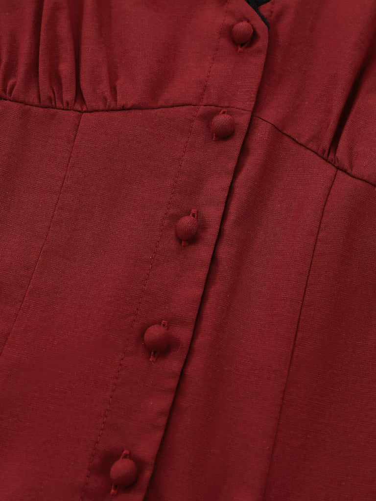 [Pre-Sale] Burgundy Lace-Trimmed Puff-Sleeve Button-Up Shirt