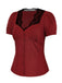 [Pre-Sale] Burgundy Lace-Trimmed Puff-Sleeve Button-Up Shirt