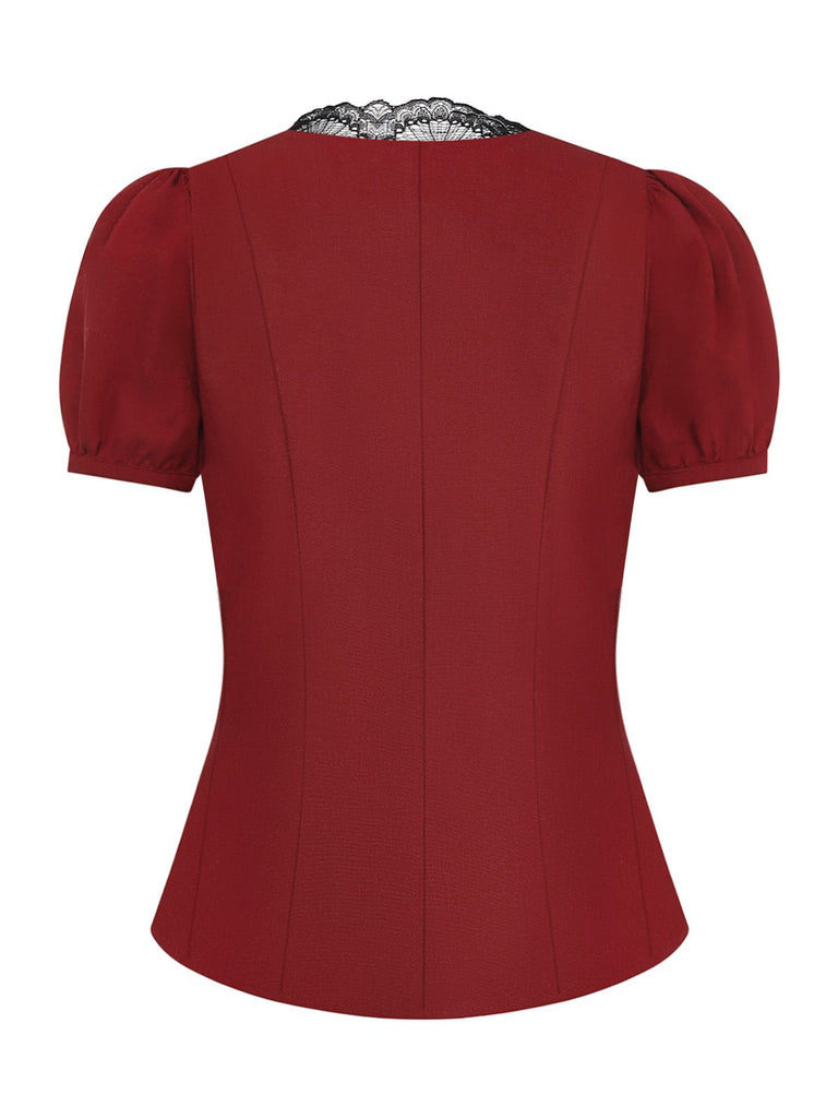 [Pre-Sale] Burgundy Lace-Trimmed Puff-Sleeve Button-Up Shirt