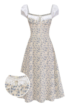 [Pre-Sale] Blue 1940s Floral Colorblock Bow Tie Vintage Dress