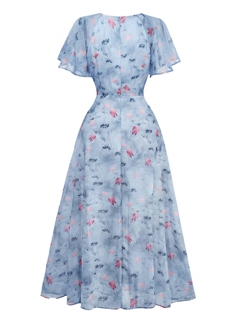 Yellow 1930s Butterfly Flutter Sleeve Chiffon Dress, vintage dress, retro fashion - perfect for women who love vintage and retro fashion