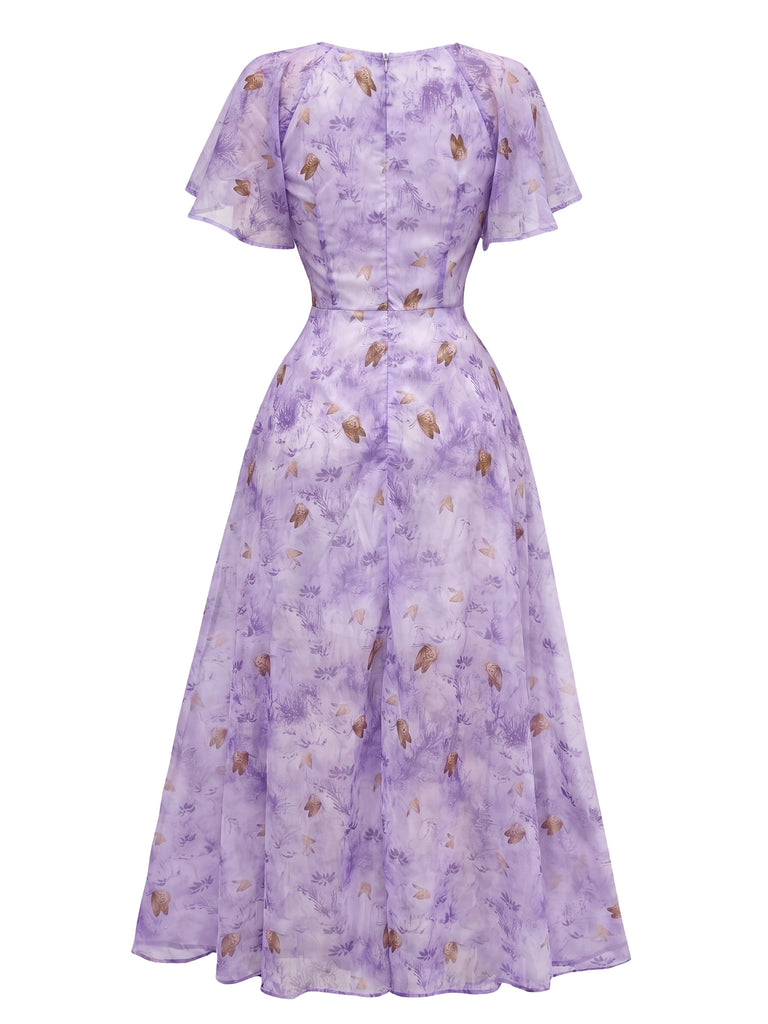 butterfly print chiffon dress Floral Chiffon Dress Belted With Butterfly Print