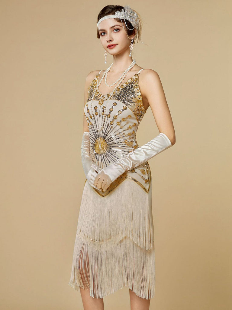 1920s Sequin Fringe Spaghetti Strap Flapper Dress