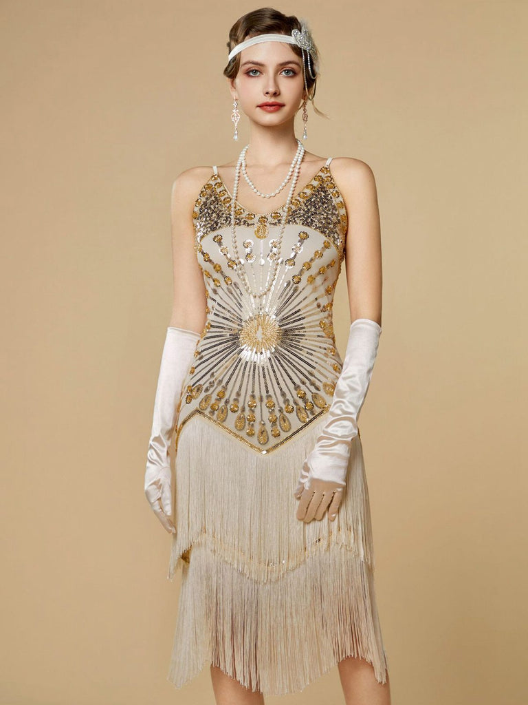 1920s Sequin Fringe Spaghetti Strap Flapper Dress
