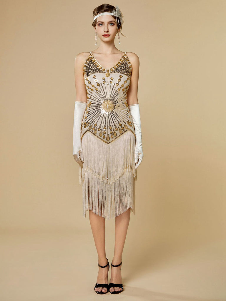 1920s Sequin Fringe Spaghetti Strap Flapper Dress