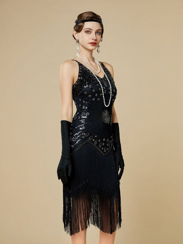 1920s Sequin Fringe Spaghetti Strap Flapper Dress