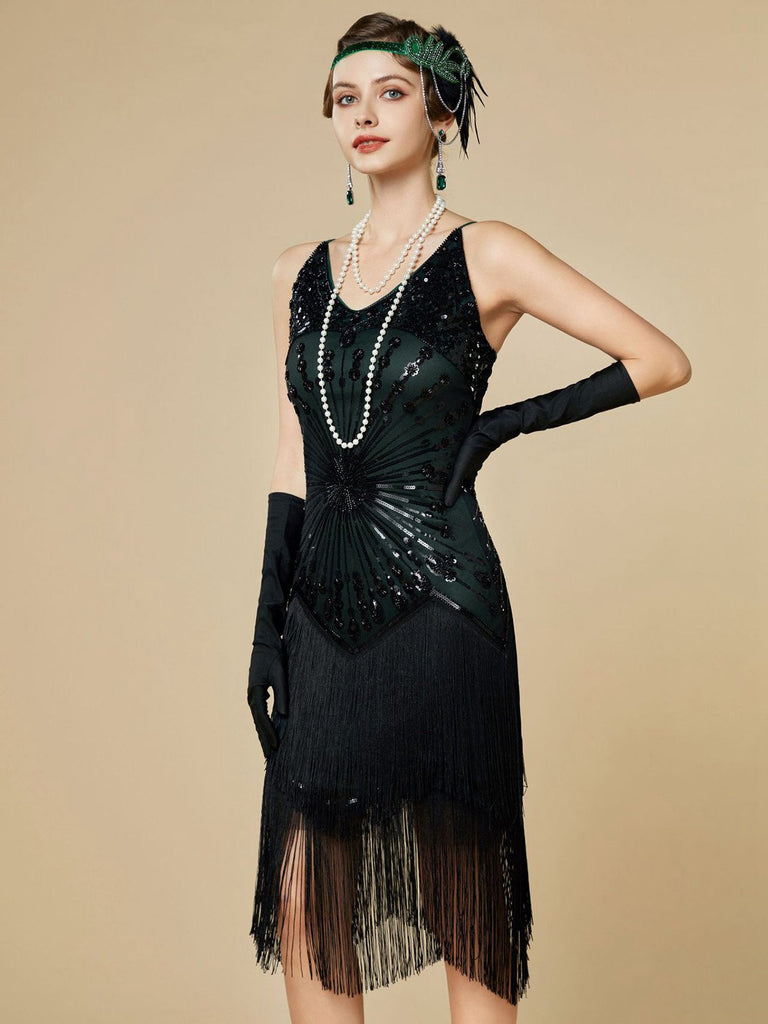 1920s Sequin Fringe Spaghetti Strap Flapper Dress