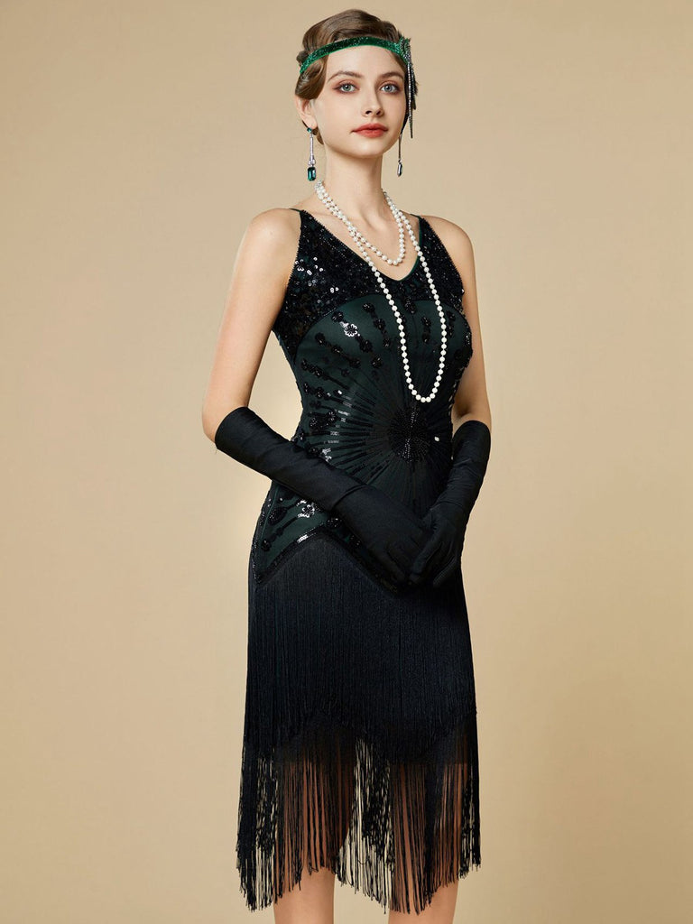 1920s Sequin Fringe Spaghetti Strap Flapper Dress