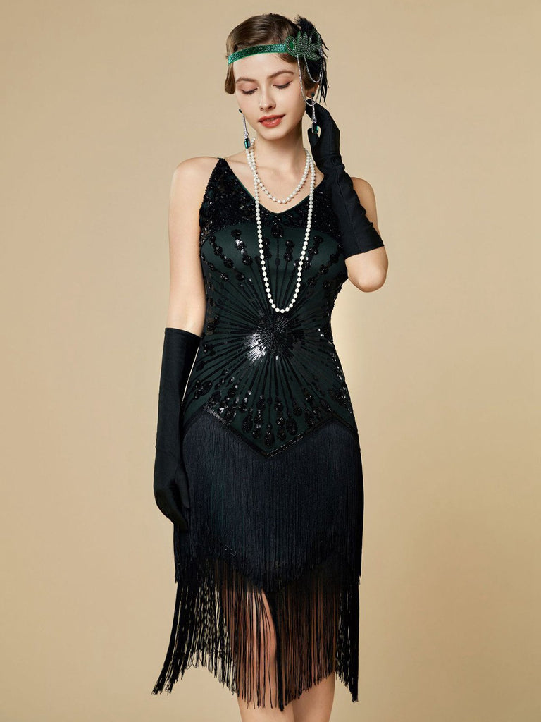 1920s Sequin Fringe Spaghetti Strap Flapper Dress