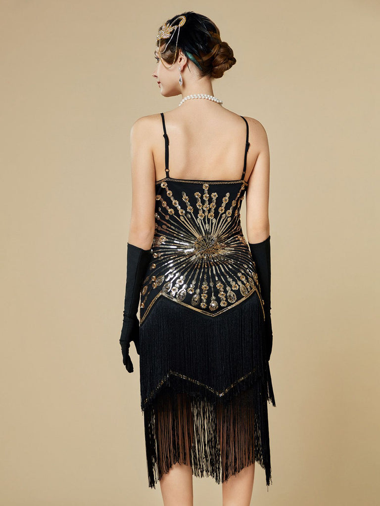 1920s Sequin Fringe Spaghetti Strap Flapper Dress