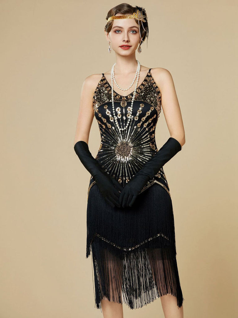 1920s Sequin Fringe Spaghetti Strap Flapper Dress