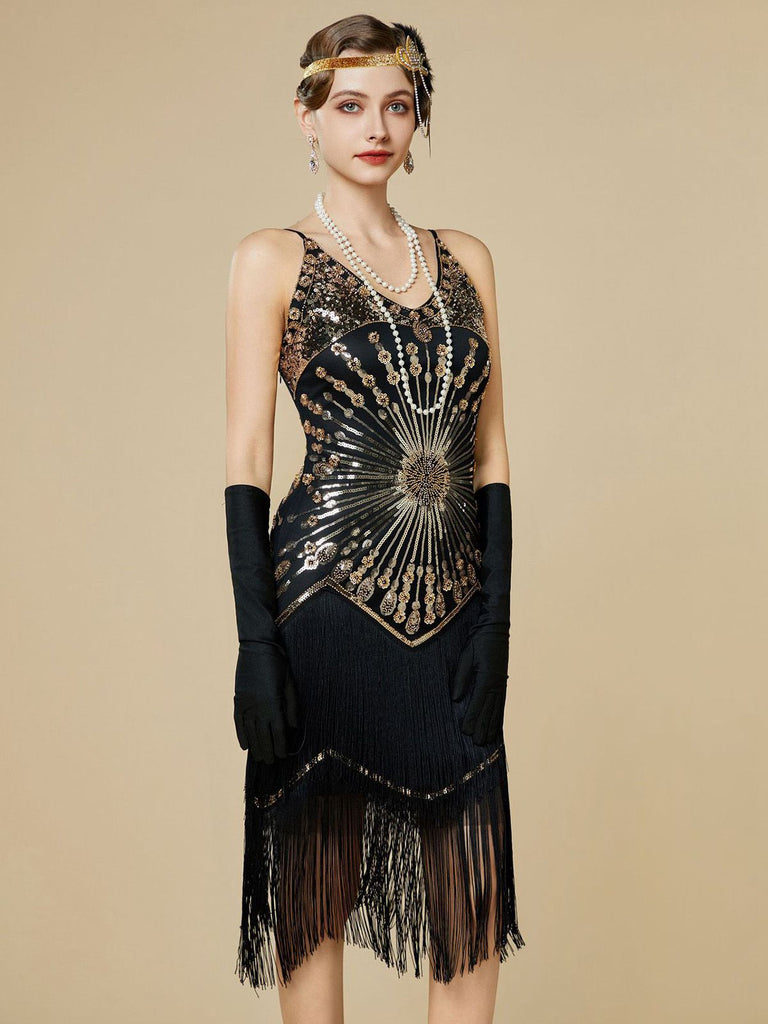 1920s Sequin Fringe Spaghetti Strap Flapper Dress
