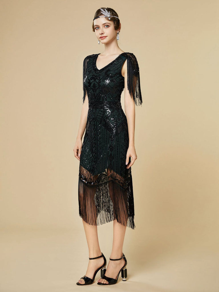 1920s Sequin Fringe Flapper V-Neck Dress