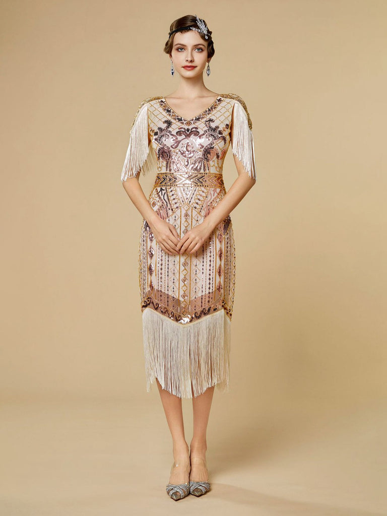 1920s Sequin Fringe Flapper V-Neck Dress