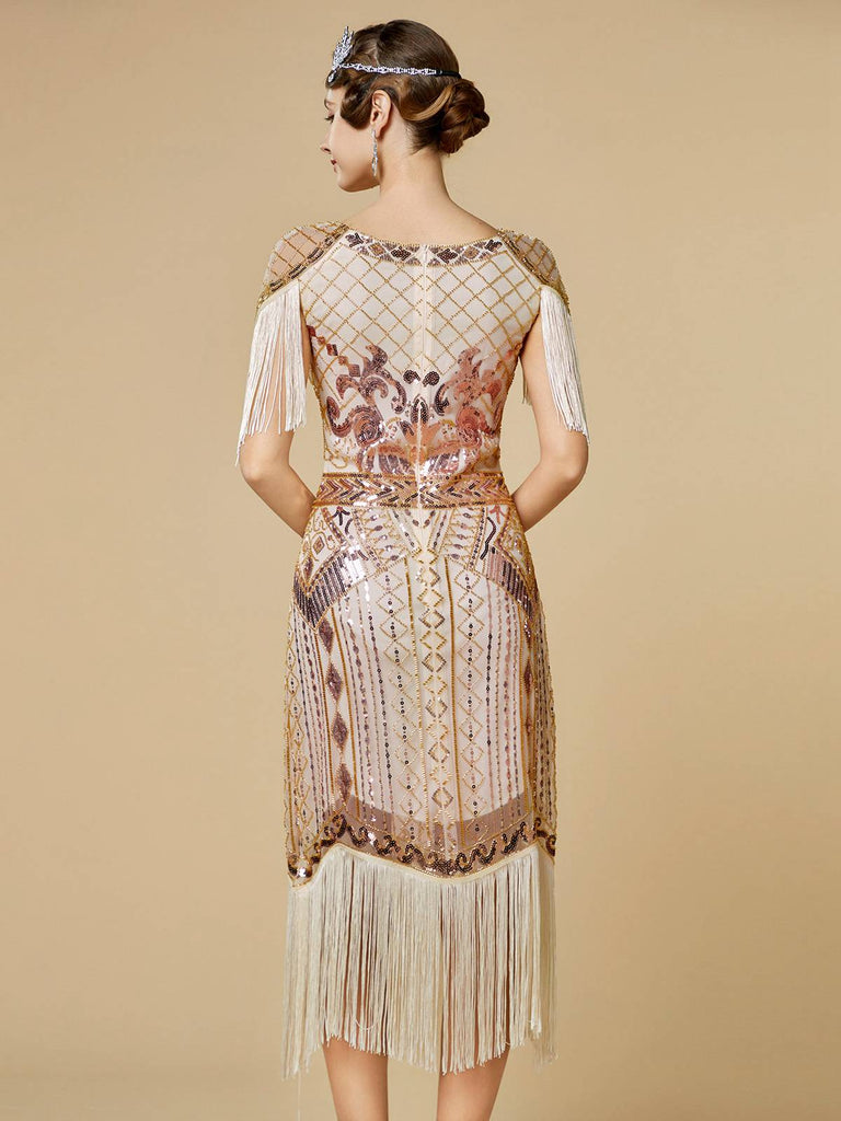 1920s Sequin Fringe Flapper V-Neck Dress